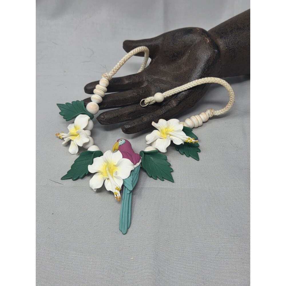 Costa Rica Tropical Clay Parrot Necklace Hibiscus Floral Wooden Bead/w Earrings